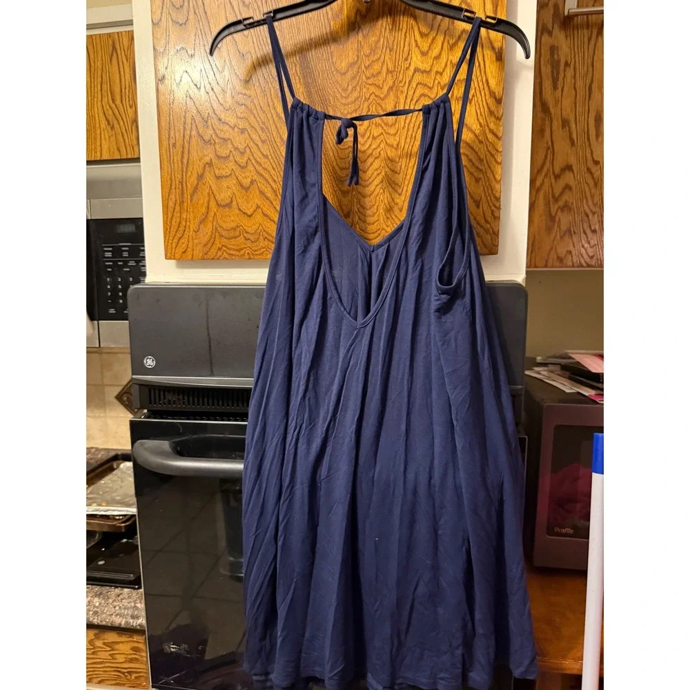 Ekouaer Womens Navy Blue V-Neck Sleeveless Nightgown Back Tie Lounge Dress Large